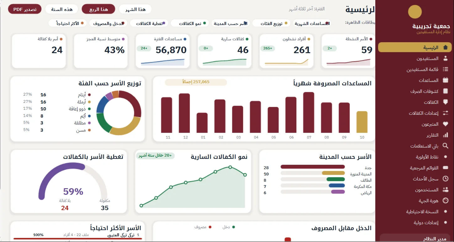 الشاشة الرئيسية في البرنامج: مؤشرات الأسر والمساعدات والكفالات ومخططاتها