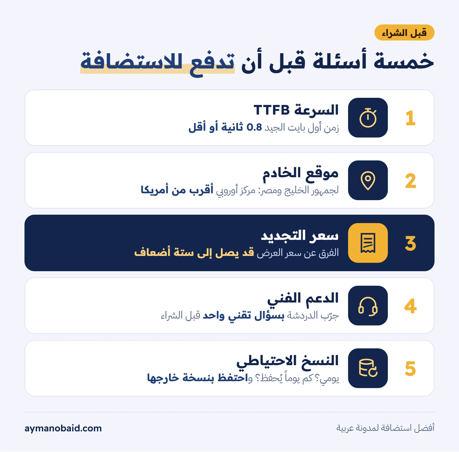 إنفوجرافيك مسطح على شكل خمس بطاقات أفقية مرقمة على خلفية فاتحة: ساعة إيقاف «السرعة TTFB»